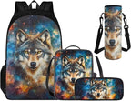 Cool Wolf Backpack for School Boys Back to School, 3rd Grade Backpack for Boys Back Pack 4 Piece Set Lunch Box Art Water Bottle Holder Pencil Case for Class Activity