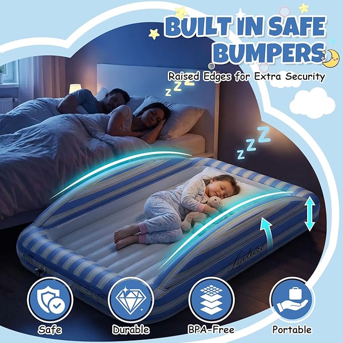 Inflatable Toddler Travel Bed with Cordless Rechargeable Air Pump – Comfy Removable Flocked Toddler Air Mattress & Safety Rails, Portable Kids Blow Up Bed for Home Camping Sleepover Vacation