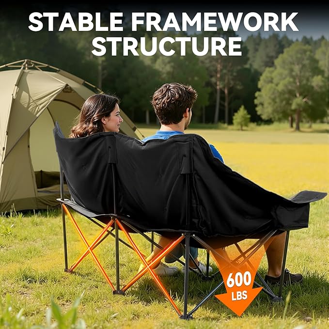 Double Camping Chair Oversized Padded Camping Chairs for Adults Folding Loveseat with Cup Holders and Side Pockets Heavy Duty Outdoor Lawn Chairs for Camping,Sports, Fishing,Beach,Black