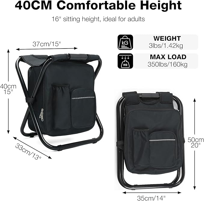 Portable Backpack Stool Cooler Chair for Adults, Folding Large 3 in 1 Multifunction Insulated Camping Seat Backpack Cooler Chair Heavy Duty 350lbs for Fishing Hunting, Black
