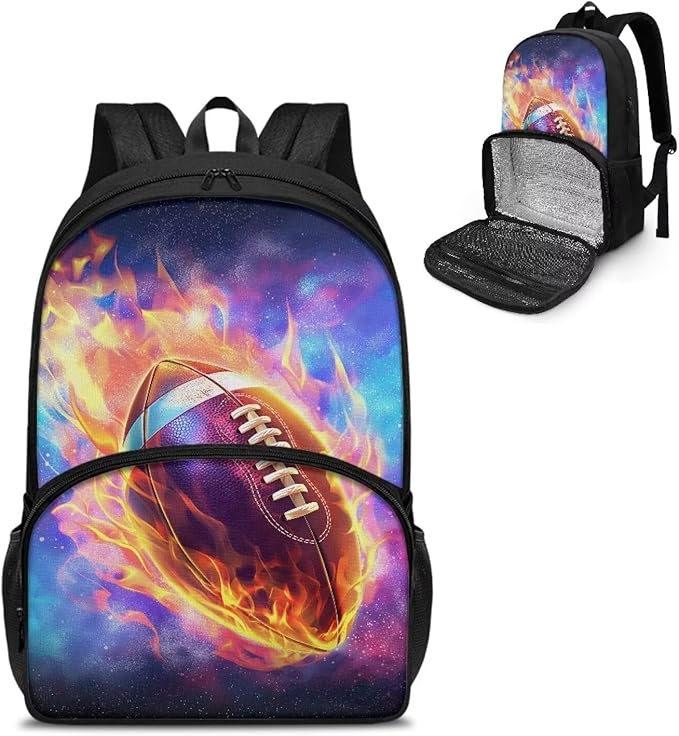 Fire Flame Rugby Lunch Backpack for School Work Travel Large Capacity Hiking Picnic Cooler Backpack All In One Backpack Primary Middle High School Bookbag