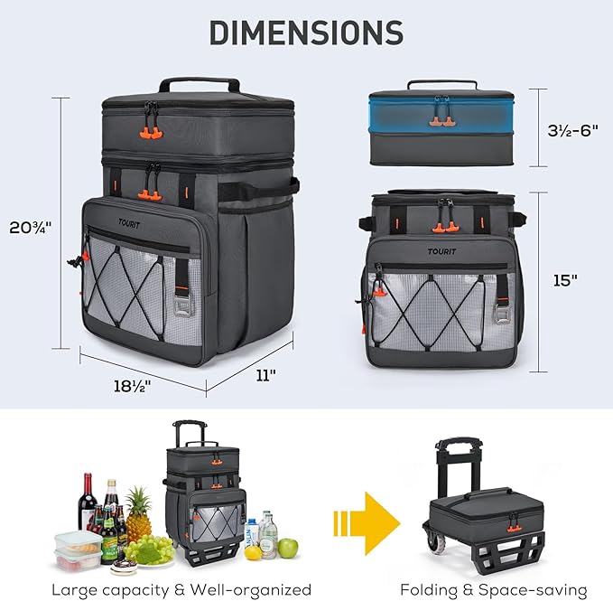 TOURIT 75 Can Insulated Rolling Cooler, Detachable Double Deck Beach Cooler with Wheels, Collapsible Soft Sided Cooler Bag for Beach, Camping, Picnic, Travel, Shopping