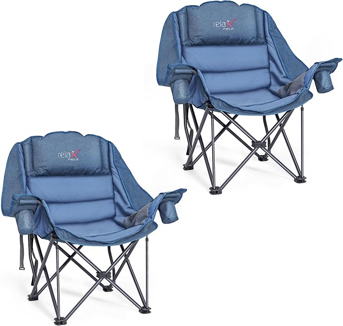 2 Pack Oversized Camping Chair, Portable Folding Padded Camp Chairs with Side Pocket, Cup Holder, Heavy Duty Support 500LBS Outdoor Lounge Chair for Adults, Fishing, Sports, Navy Blue