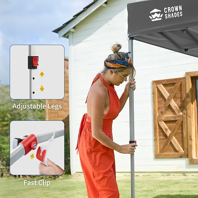 CROWN SHADES 8x8 Pop Up Canopy with 1 Side Wall - Beach Tent with One Push Setup - Outdoor Sun Shade for Events, Parties, Camping - Gazebo with STO-N-Go Cover Bag (Grid Grey)