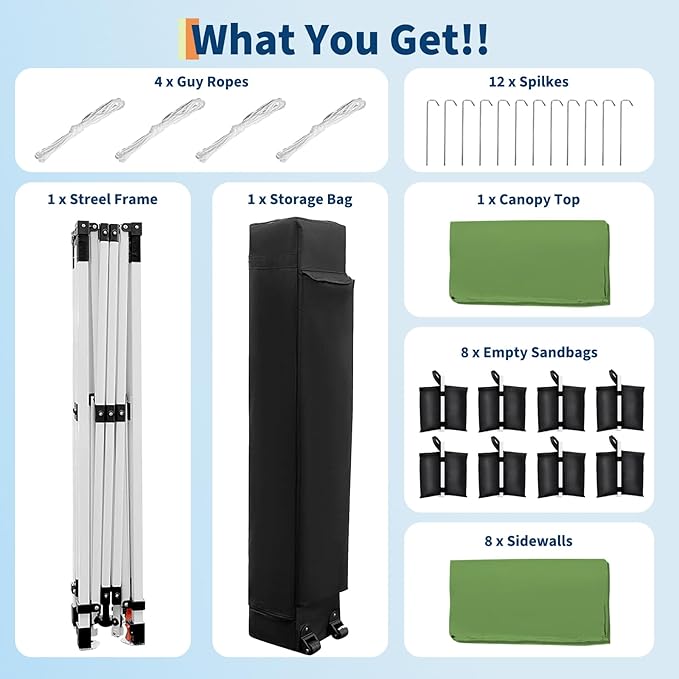10x30 Pop Up Canopy - Heavy Duty Outdoor Canopy Tent with Portable Roller Bag - 3 Adjustable Height, 4 Weight Bags, 8 Stakes & 6 Guy Ropes Included, Green