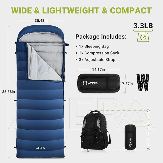 ATEPA Down Sleeping Bag for Adults, 650FP Recycled 30°F 35°F 40°F 45°F 3 Season Wearable Ultralight Packable Compact Sleeping Bags with Compression Sack for Backpacking Camping Hiking