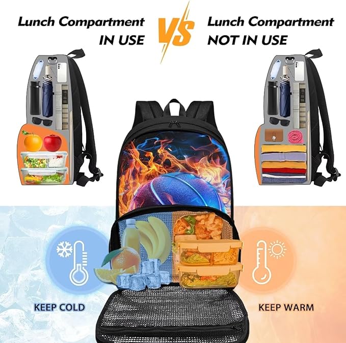 Casual Bookbag Laptop Backpacks Hiking Outdoor Insulated Unisex Lunch Cooler Backpack All In One Food Backpack Meal Bag Travel Work Daypack for Men Women, Fire Flame Basketball