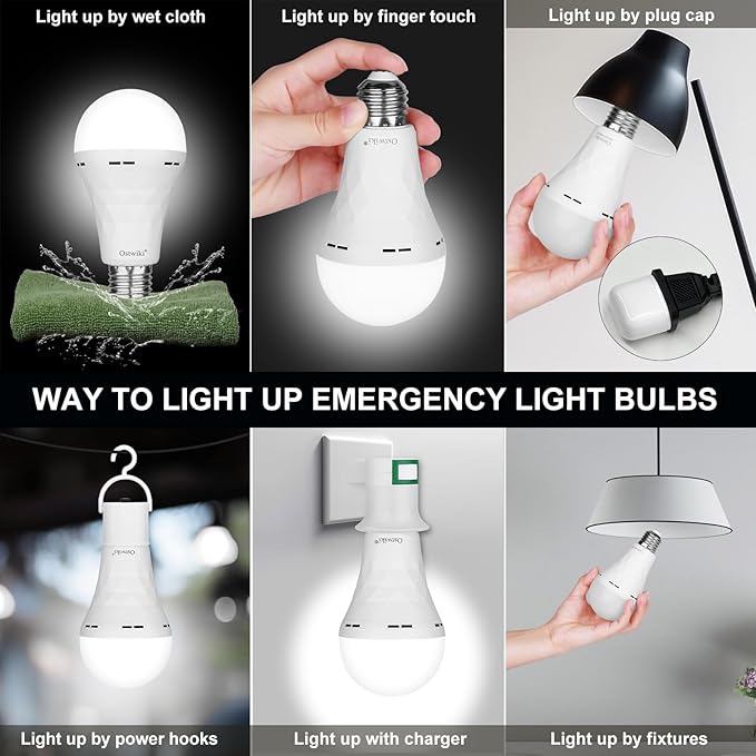 Emergency Rechargeable Light Bulbs,6 Pack Battery Operated Backup Light Bulb for Power Outage Camping Outdoor Hurricane 9W E27 8500K 1200mAh White Equivalent Self-Charging LED Light Bulbs