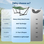 2 Person Double Hammock with Adjustable Steel Stand & Pillow, Heavy Duty Portable Outdoor Hammock Set, MAX 450 LBS Weight Capacity for Patio, Garden, Beach, Backyard