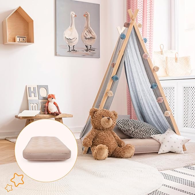 Geetery Kids Air Mattress Toddler Inflatable Airbed 55x27.6x8.7 Inch Foldable Comfort Flocked Blow up Bed with Patch Kit Portable Sleepover Mattresses for Home Travel Camping Party(Beige, 6 Pcs)