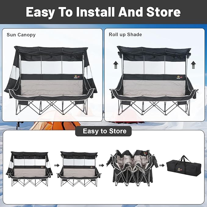 Nice C Heated 3 Person Camping Chair with Canopy, Heated Double Camping Chairs with Battery, Portable Oversized Padded Sports Umbrella Chair with Shade, Cup Holder, Cooler Bag, for Lawn Outdoors
