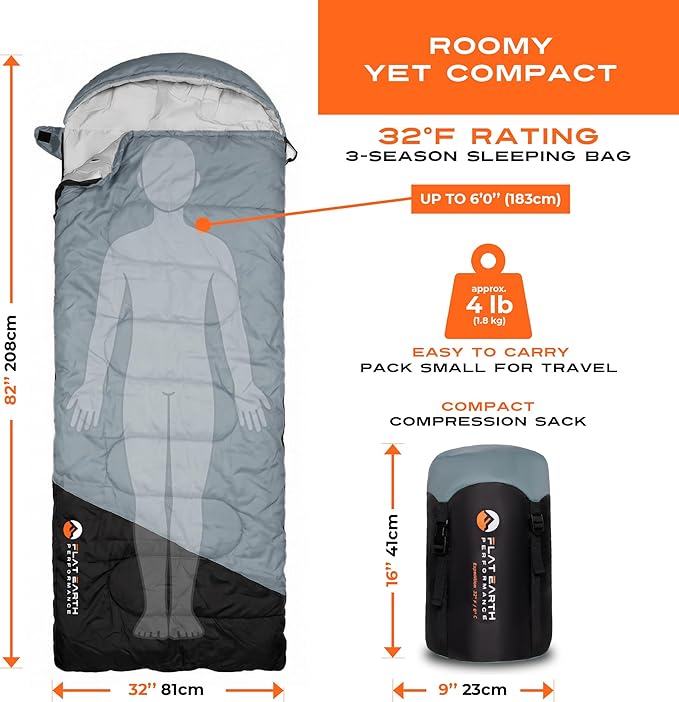 Expedition Camping Sleeping Bags with Compression Sack – 32°F/0°C Lightweight Camping Sleeping Bag for Camping & Hiking, Water-Resistant, Fits Adults & Teens Up to 6'0"