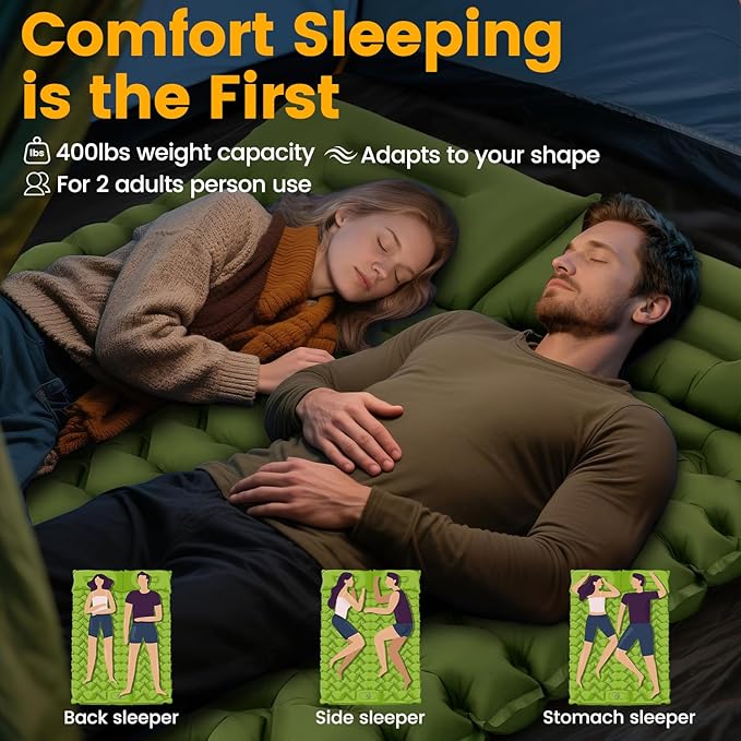 Double Sleeping Pad - Ultralight 4" Camp Mat with Integrated Foot Pump & Pillow for Effortless Camping, Backpacking & Travel, Comfort Camping Essentials