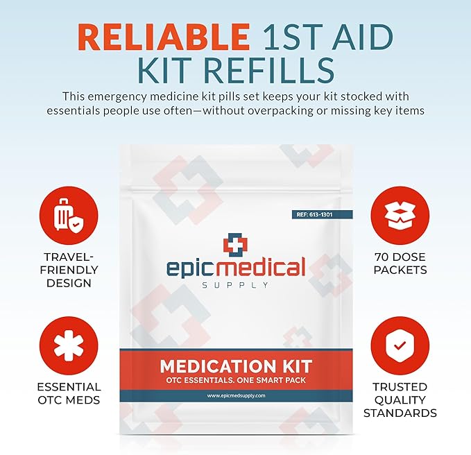 First Aid Kit Medication Refill – 70-Count Unit Dose Packets – Emergency Medicine Kit Pills for 1st Aid Kit Refills, Travel, Office, Dorm, Camping – Assembled in USA (70 Pieces)