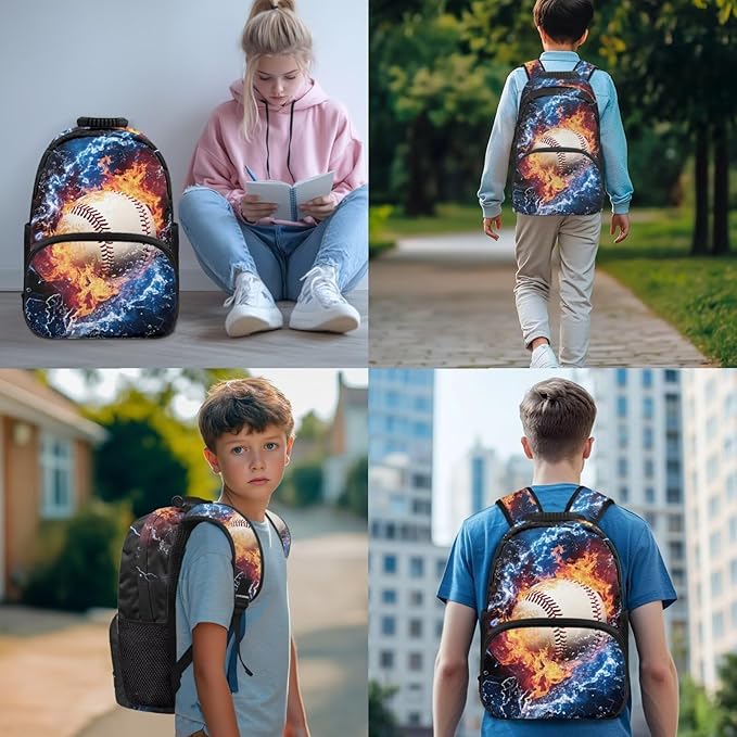 Baseball Backpack and Lunchbox Boys Sports Backpack Lightweight Trendy Kids Bookbag and Lunch Box Set Boys 4 Piece School Bag for Boys 6-7 Travel Outdoor Daypack Camping