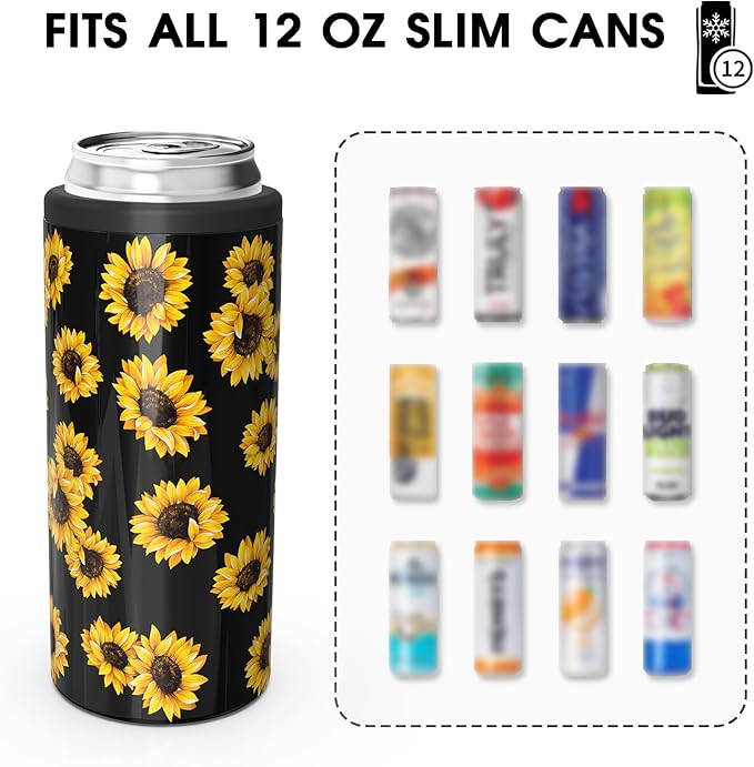 TILUCK Skinny Can Cooler for Slim Beer & Hard Seltzer, Stainless Steel, Doucle-Walled Stainless Steel Insulated Slim Cans, Standard 12 oz (Sunflower)