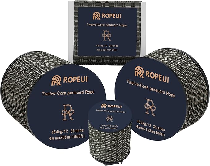 1000lb Paracord, 5/32" (4mm) 12 Strand Nylon Tactical Parachute Cord, 100ft–1000ft Utility Rope for Survival, Camping, Hiking, Outdoor Crafting, Bracelets & Clothesline