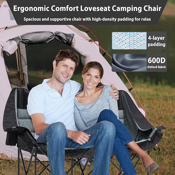 Oversized Double Camping Chair, Folding Loveseat Camping Couch with Pocket, Cup Holder and Carry Bag, Heavy Duty Portable Camping Chairs for Adults, Fishing, Sports, Trip, up to 660lbs, Black