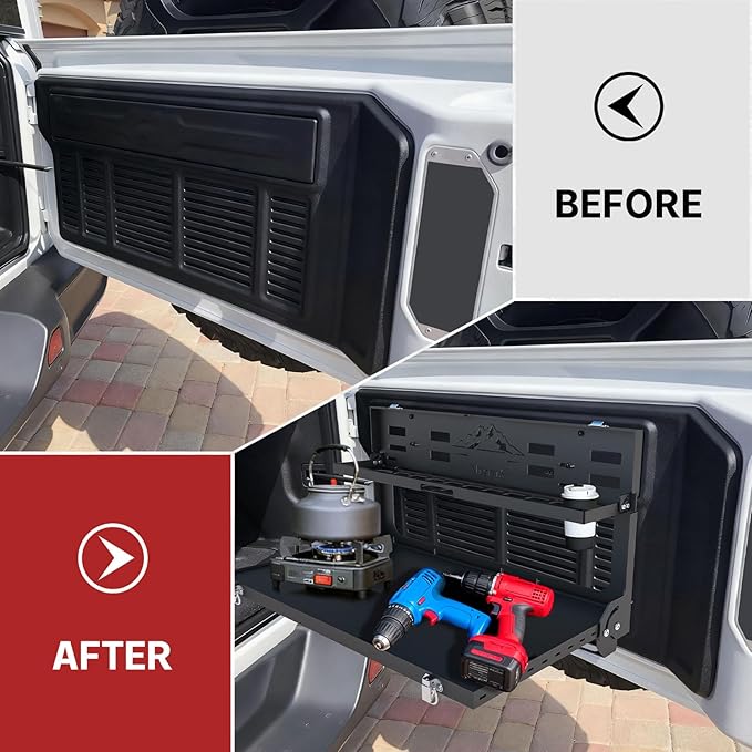 MusixiA Foldable Tailgate Table for Jeep Wrangler JL & JLU Wrangler JK & JKU(2007-2025) - Double-Layer Storage Cargo Shelf with Molle Panel, Aluminum Alloy