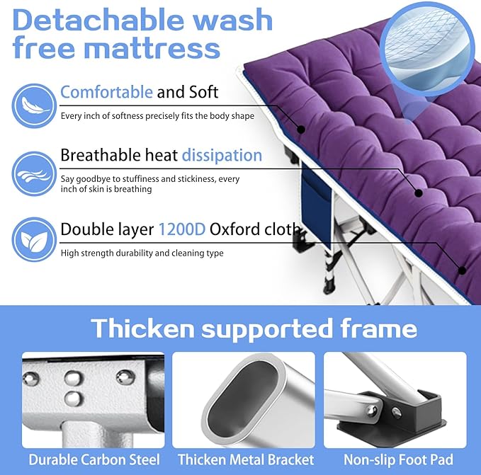 2 Pack Camping Cot with Mattress Comfortable Sleeping Cots with Carry Bag Camping Bed Heavy Duty Folding Cot for Adults Guest Bed Home Office Nap Outdoor Indoor