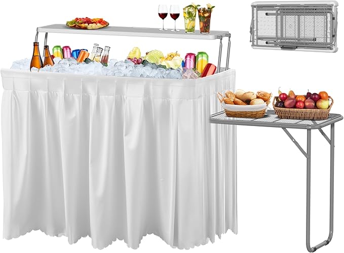 Two Tier Ice Cooler Table with Foldable Extension Stand, 4 Foot Outdoor Ice Table with Matching Skirt & Drain Hose, Folding Cooler Server with Metal Shelf for Party, BBQ, Camping Picnic, White