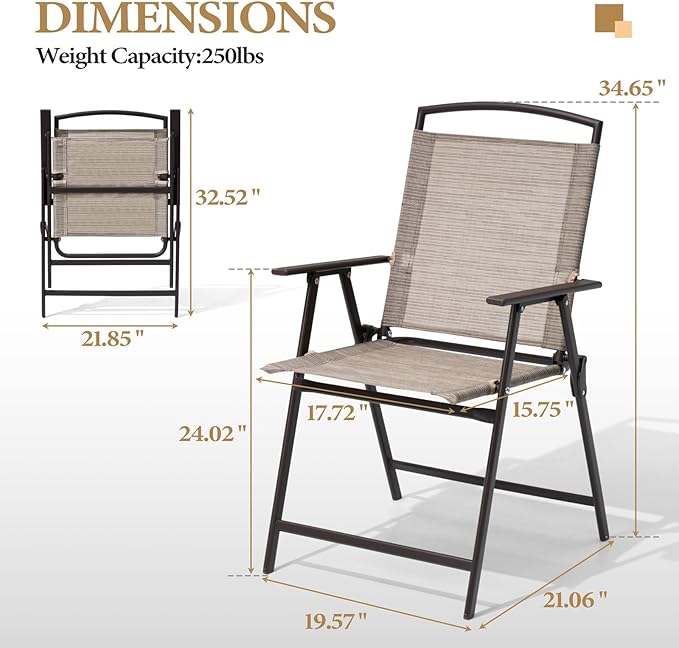 Crestlive Products Set of 4 Patio Folding Chairs 4-Pack Dining Chairs Outdoor Portable Sling with Armrest for Camping, Beach, Garden, Pool, Backyard, Deck (Beige)