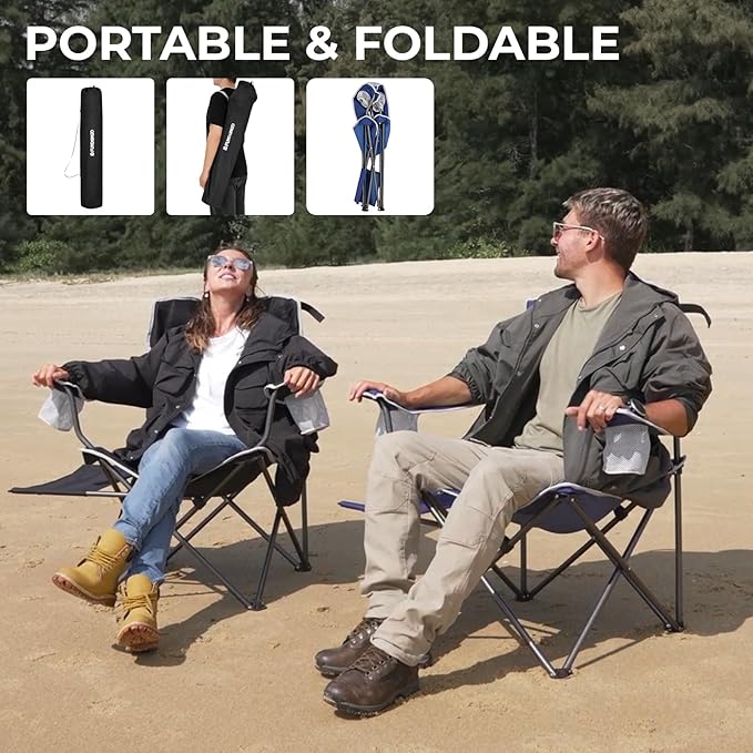 FUNDANGO Folding Camping Chairs for Adults, Oversized Beach Chairs with Table Tray, Heavy Duty Lawn Chair with Cup Holders for Sports, Outdoor, Camp (Black)