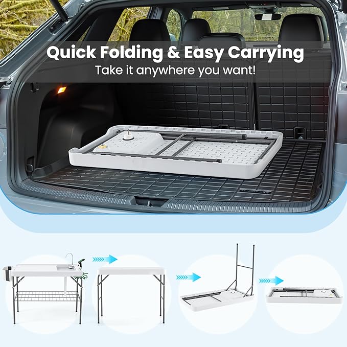 Goplus 42.5'' Folding Fish Cleaning Table with Sink and Spray Nozzle, Portable Camping Sink Table with Faucet, Drainage Hose, Grid Rack, Knife Groove, Outdoor Fish Fillet Cleaning Station for Picnic