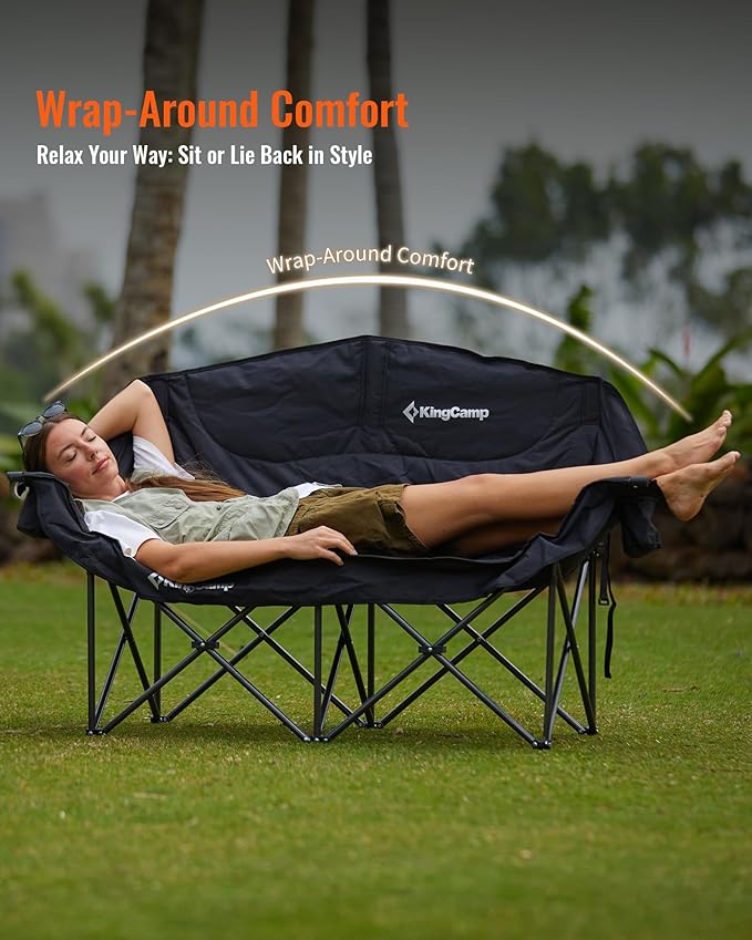 KingCamp Double Camping Chair, Oversized 660lbs Heavy Duty Loveseat for Adults Portable Folding XL 2 Person Couch Padded Comfortable Two Seat with Cup Holder for Outdoor Lawn Backyard, Black