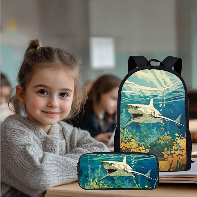 Shark Backpack with Lunch Box Kids Backpack for School Boys 3Pcs Kindergarten Elementary Middle Camping Travel Mochilas Escolares Para Niños with Keychain Wrist Lanyard Back Pack for School