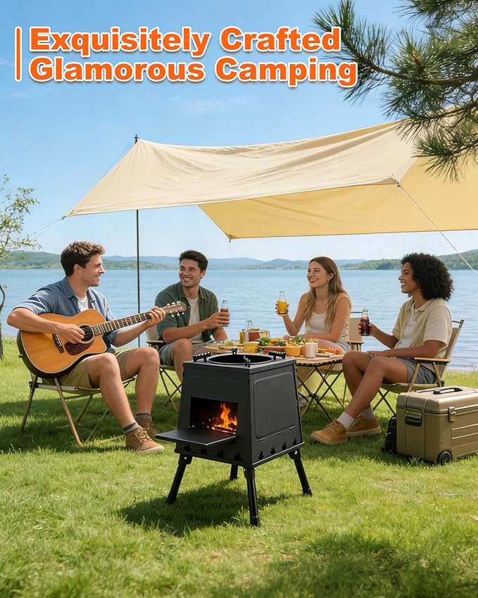 Portable Wood Burning Stove - Lightweight Cast Iron Camp Stove for Backpacking，Portable and Easy-To-Assemble Backpacking Camping Stove Kit (Black, Large)