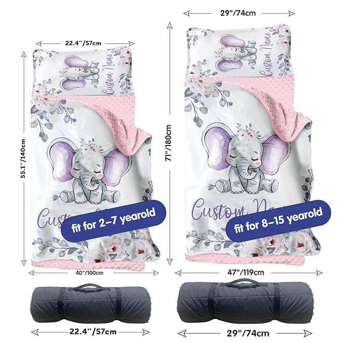 Custom Toddler Nap Mat for Preschool, Personalized Name Purple Flower Elephant Kids Sleeping Bag for Daycare, Roll Up Sleeping Mat with Removable Pillow and Soft Dot Minky Blanke for Girls Camping