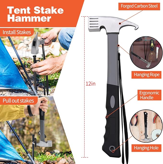Tent Stakes and Hammer Set, 16 Pack 8in Heavy Duty Forged Steel Tent Stakes + 12in Heavy Duty Camping Hammer + Storage Pouch, Available in Rocky Place