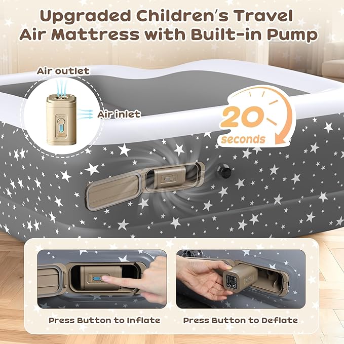 Inflatable Toddler Air Mattress with Built-in Pump - 67 Inches Safety Four Side Inflatable Toddler Travel Bed - Portable Toddler Bed for Outdoor Camping - Easy to Inflate, Deflate and Clean, Grey