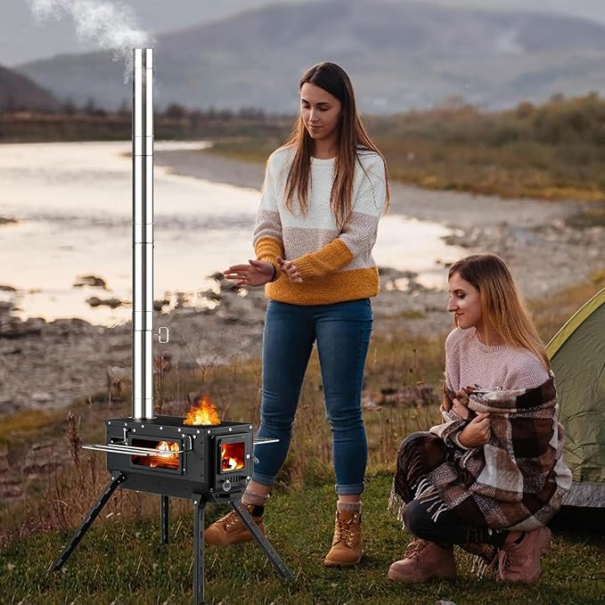 Tent Stove AVOFOREST Wood Stove with Tall Feet,Portable Hot Tent Stove with 6 Stainless Chimney Pipes for Outdoor & Cooking, Ice Fishing, Hunting