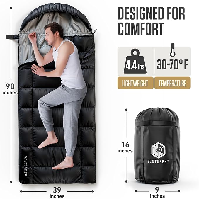 VENTURE 4TH Backpacking Sleeping Bag – XXL, Double and Single Sizes - Lightweight Warm & Cold Weather Sleeping Bags for Adults, Kids & Couples – Ideal for Hiking, Camping & Outdoor Adventures