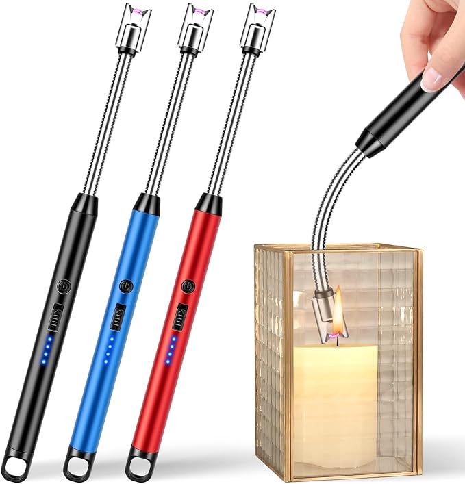LcFun 3 Pack Electric Candle Lighter Windproof USB Rechargeable Plasma Lighter with LED Battery Display, Flameless Long Arc Lighters for Candle Grill BBQ Camping Stove (Black,Blue,Red)