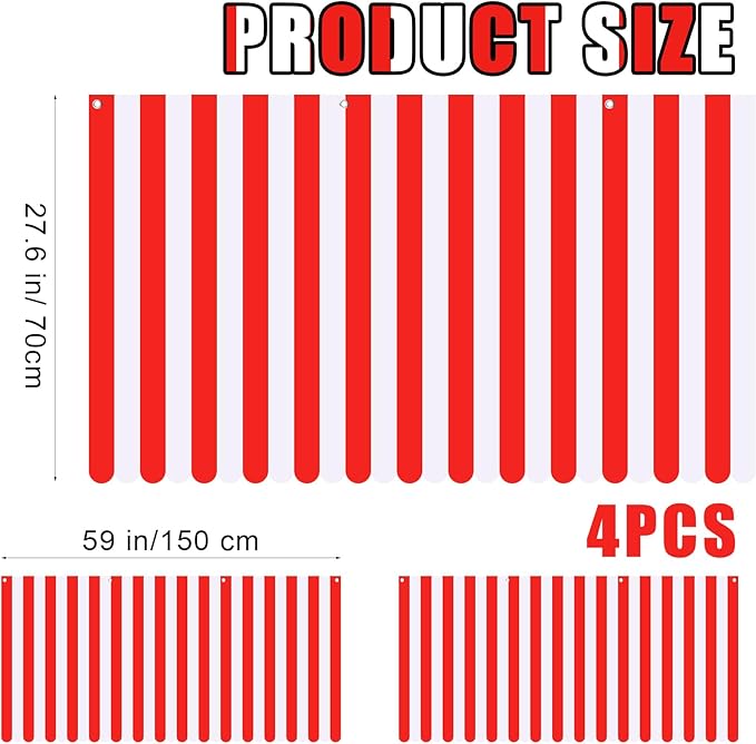 Preboun 4 Pcs 27.6''x 59'' Circus Awning Decor Decorations Striped Carnival Tent Awning Decorations Red and White Wall Decor Halloween Carnival Stand Mardigras Theme Party Photo Accessory
