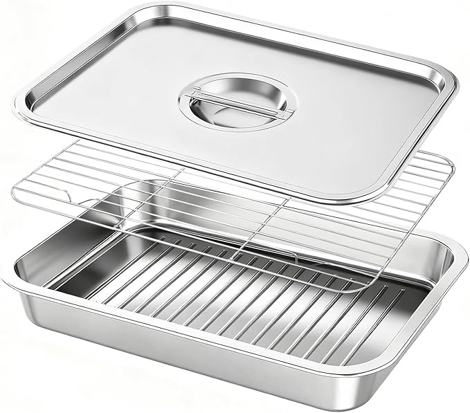 Stainless Steel Grill Prep with Lids –Serve Tray Grill Carry System for Large Food Prep, Marinating Containers, Oven Roasting, and Serving