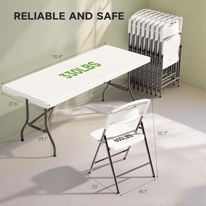 6FT Folding Table Set with 4 Chairs – Heavy-Duty 330 lb Table & 600 lb Chairs, Portable Foldable Furniture Set for Camping, Parties, Indoor & Outdoor Use