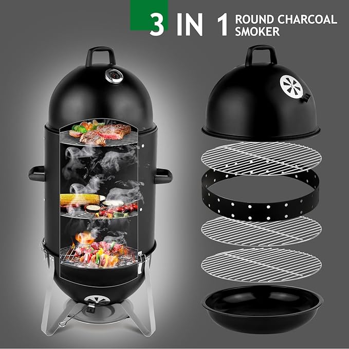 Outvita Vertical 18.8 Inch Steel Charcoal Smoker, Heavy Duty 3-in-1 Portable Outdoor Grill Cooker with Built-in Thermometer for Outdoor Backyard Cooking Grilling Camping