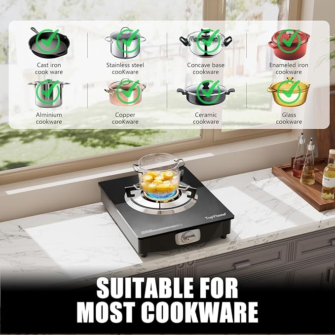 1 Burner Propane Stove 13,600 BTU High-Efficiency Tempered Glass Auto-Ignition Gas Burner Stove Top with CSA Hose for Outdoor RV Camping Emergency Cooking