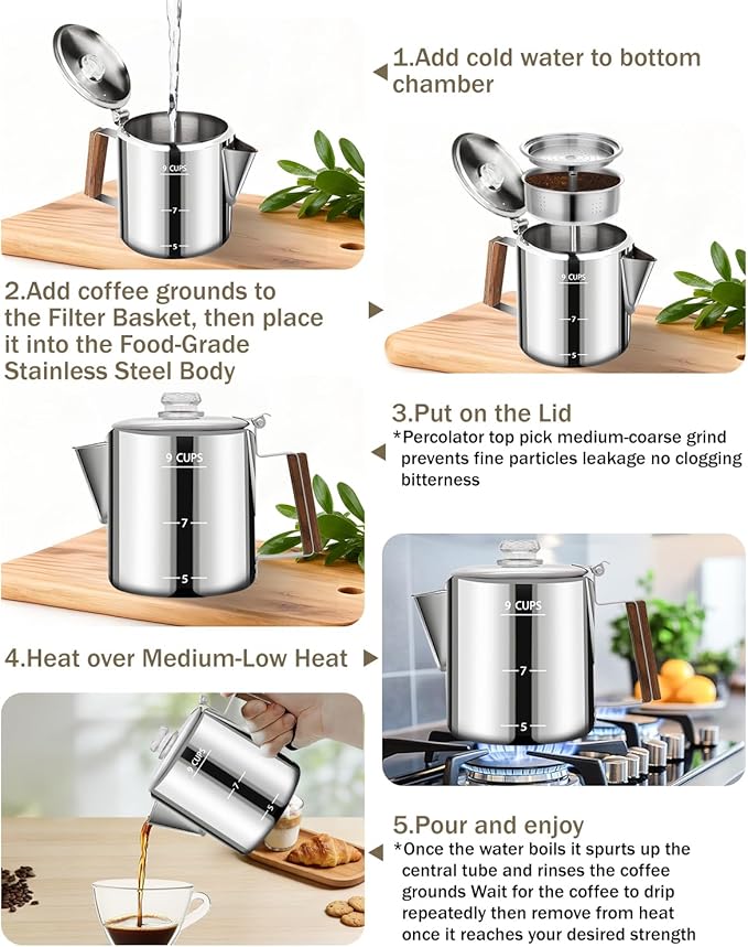 Coffee Maker Coffee Percolator 304 Stainless Steel Pot Stovetop Easy Brewing Even Heating 9 Cup 50.7oz 1500ml Silver Classic Design Heat Resistant Home Camping Outdoor