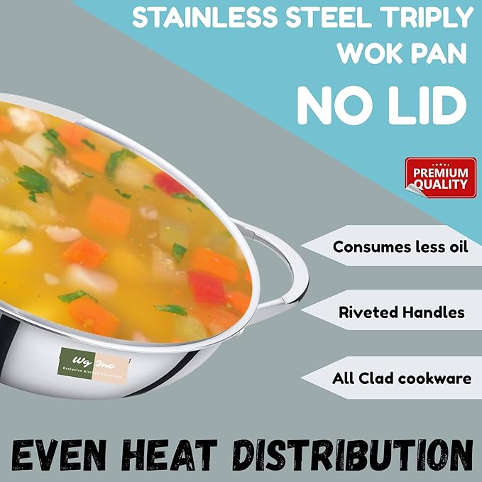Stainless Steel Wok, Tri-Ply Pan for Stir-Frying, 8.60 Inch Small Kadhai without Lid, All Clad Kadai Cookware For Stews, Sauces, Soups, Saute, Induction Friendly Wok (1.7 Qt / 1.6 Litres)