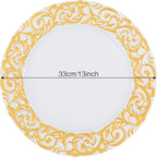 50 Pcs White and Gold Charger Plates Bulk, 13" Round Dinner Charger Plates with Gold Flora Embossed, Decorative Table Plastic Chargers for Christmas, Wedding, Party, Event Decorations