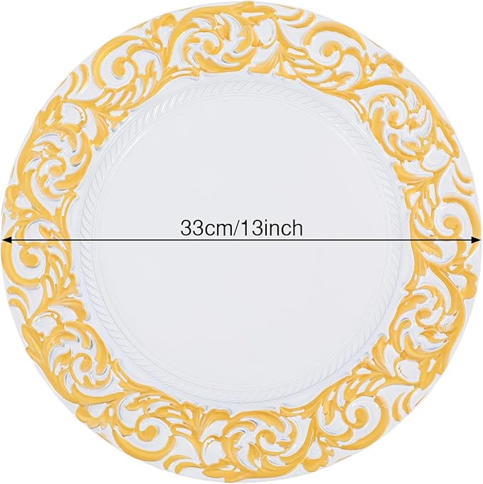 50 Pcs White and Gold Charger Plates Bulk, 13" Round Dinner Charger Plates with Gold Flora Embossed, Decorative Table Plastic Chargers for Christmas, Wedding, Party, Event Decorations
