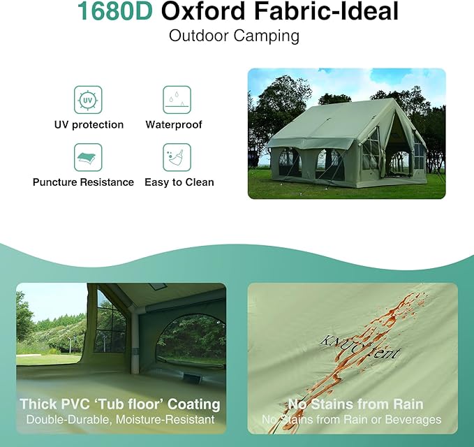 2025 Upgraded Waterproof Inflatable Camping Tent, Large Blow-Up Air Tent, No Assembly Needed Luxury Glamping House, Oxford Fabric