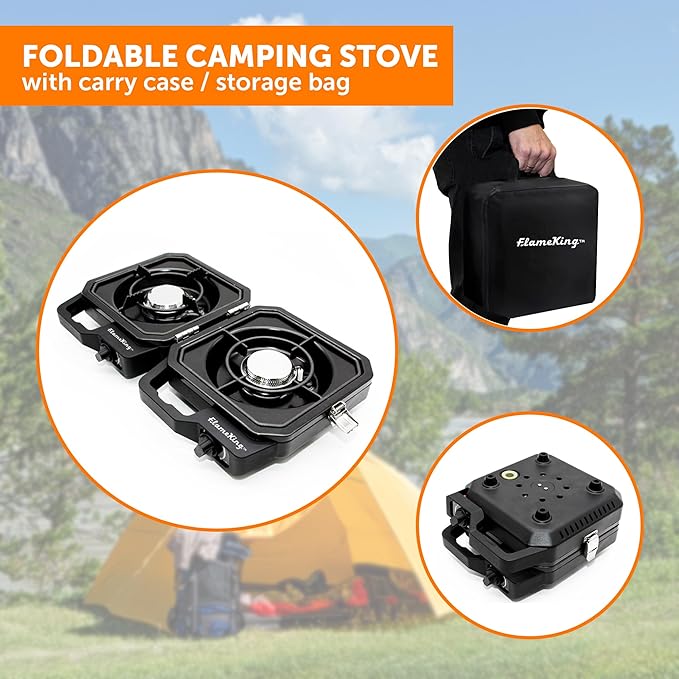 Flame King CampactCooker, Dual Burner Propane Camping Stove with Detachable Grill, Portable Foldable Cooking Stove 12,000 BTU, for Camping, Patio, Emergency, Hiking (Black)