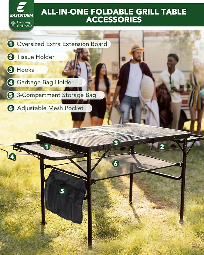 3ft Folding Camping Table with Wing Panels, Adjustable Height Metal Grill Prep Table with Storage Net, Paper Towel Holder, Hooks, Trash Bag Rack for BBQ, RV, Picnic, Portable Grill