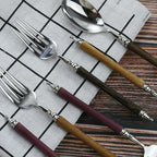 Silverware Flatware Cutlery Set， 3/12/18/24/30/36 Pcs 304 Stainless Steel Knife， Fork and Spoon Cutlery Creative Yellow Wood Handle Cutlery Set，Red-30 Pieces for 10